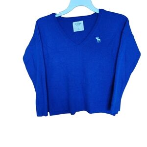 Abercrombie & Fitch Cobalt V-Neck Sweater with Moose Logo